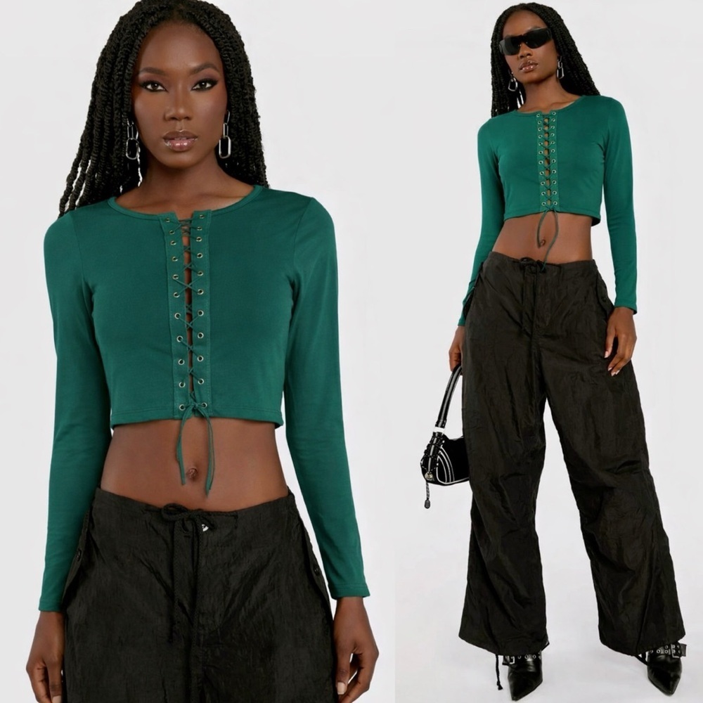 Atoir Top Emerald Green Lace-Up Crop Top NEW SIZE SMALL